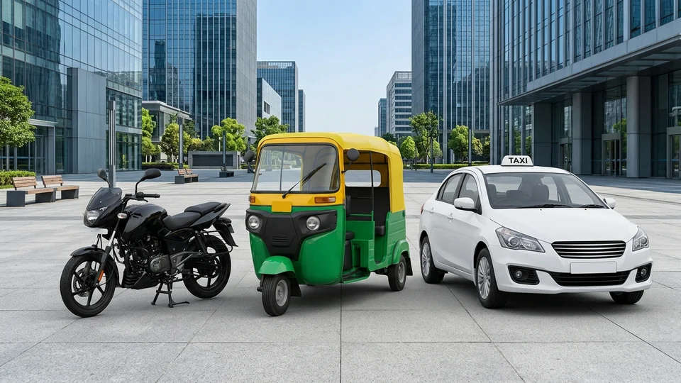 City Cabs with Taxi Board, Auto Rickshaws and Bike Taxis in India