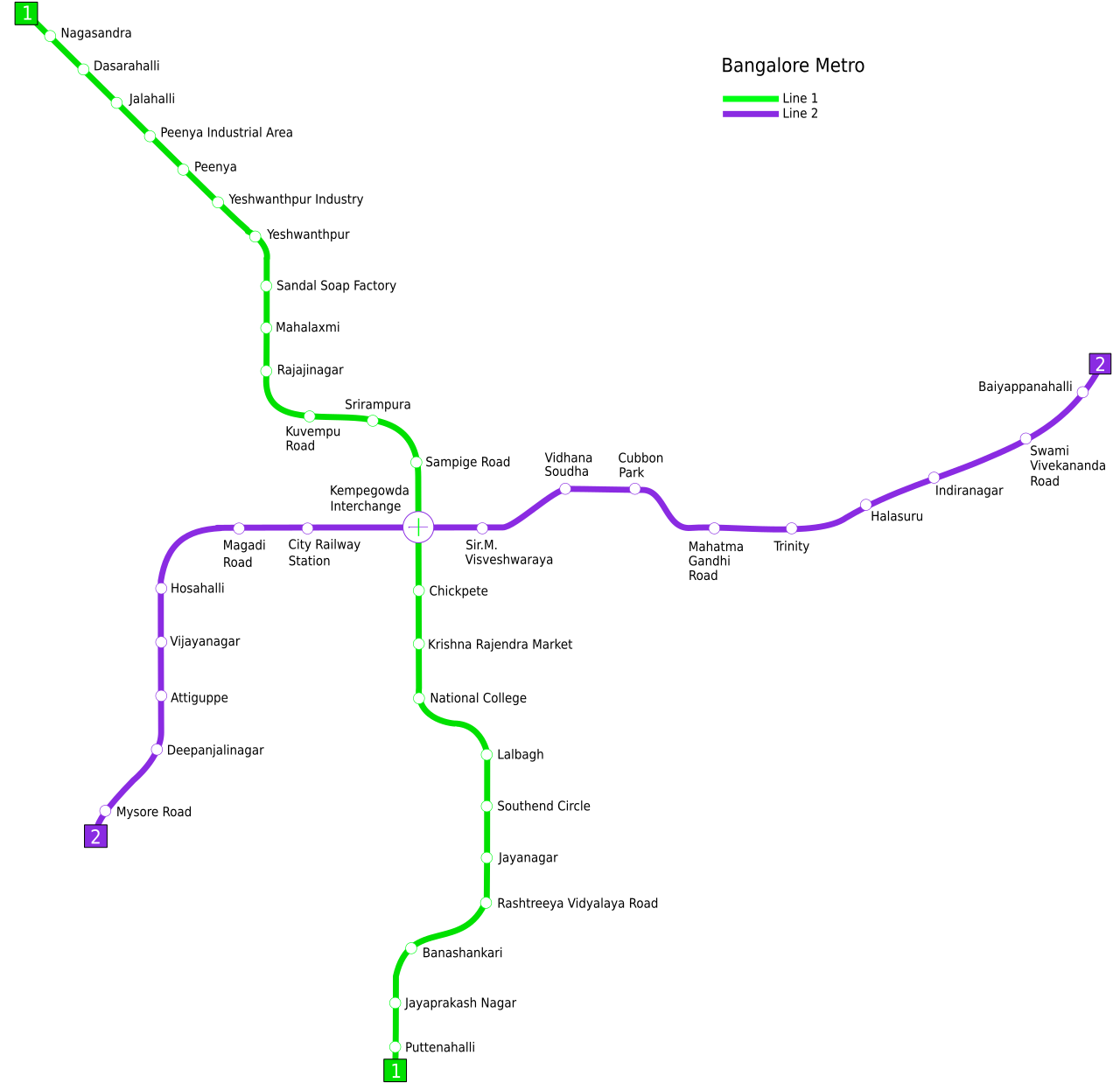 Namma Metro Bengaluru Network Route Map (Purple & Green Lines)