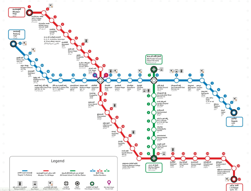 Hyderabad Metro Rail Network Map (Red, Blue, Green Lines)