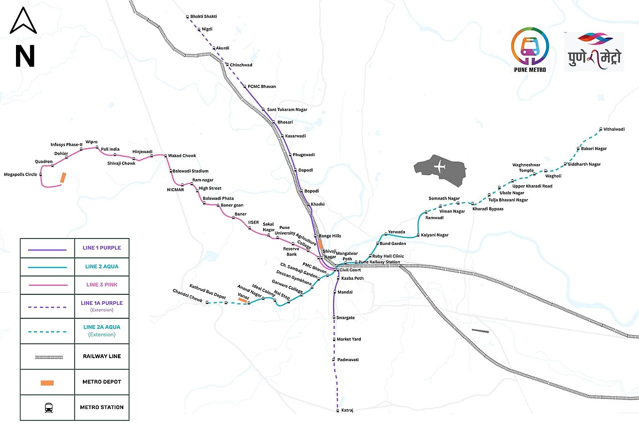 Pune Metro Rail Network Route Map (Purple & Aqua Lines)